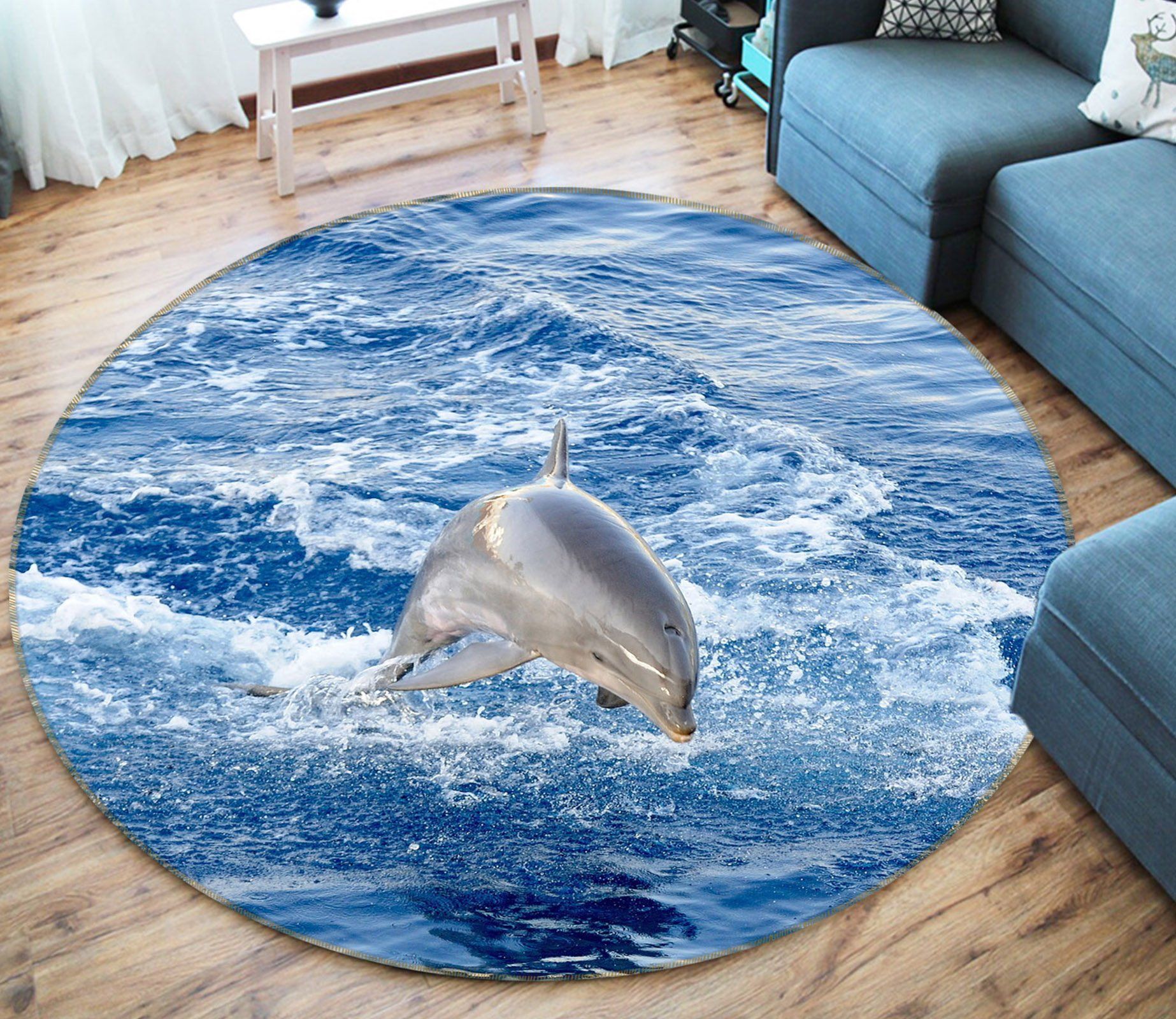 3D Jump Dolphin Surge Animal Round Rug – Round Carpet Home Decor