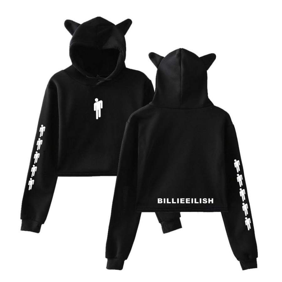 Women Girls Billie Eilish Cropped Hoodie Bunny Ear Hoody Sweatshirt