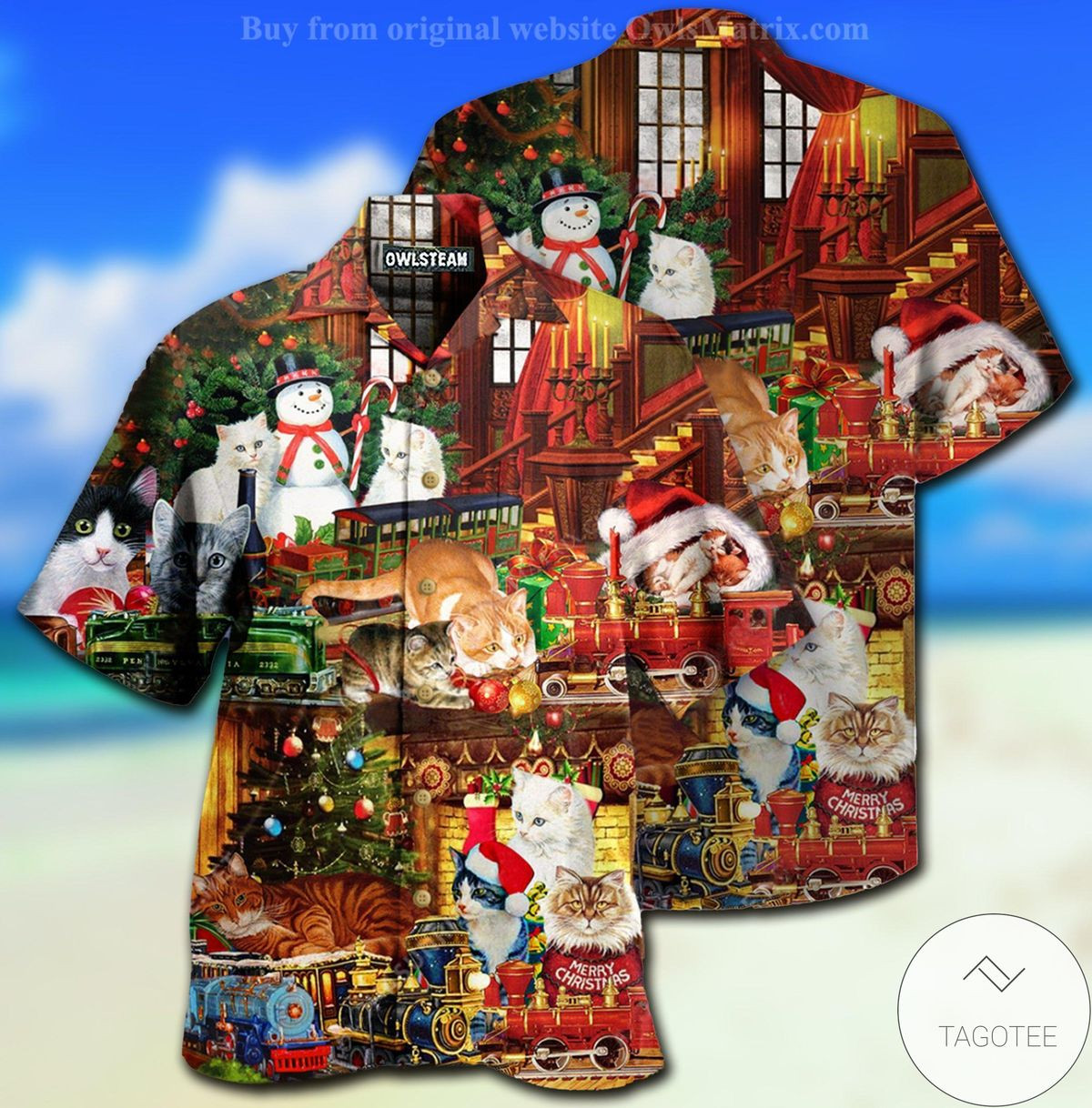 Christmas Hawaii Cats With Toys Train Button Up Shirt For Men Ha14362