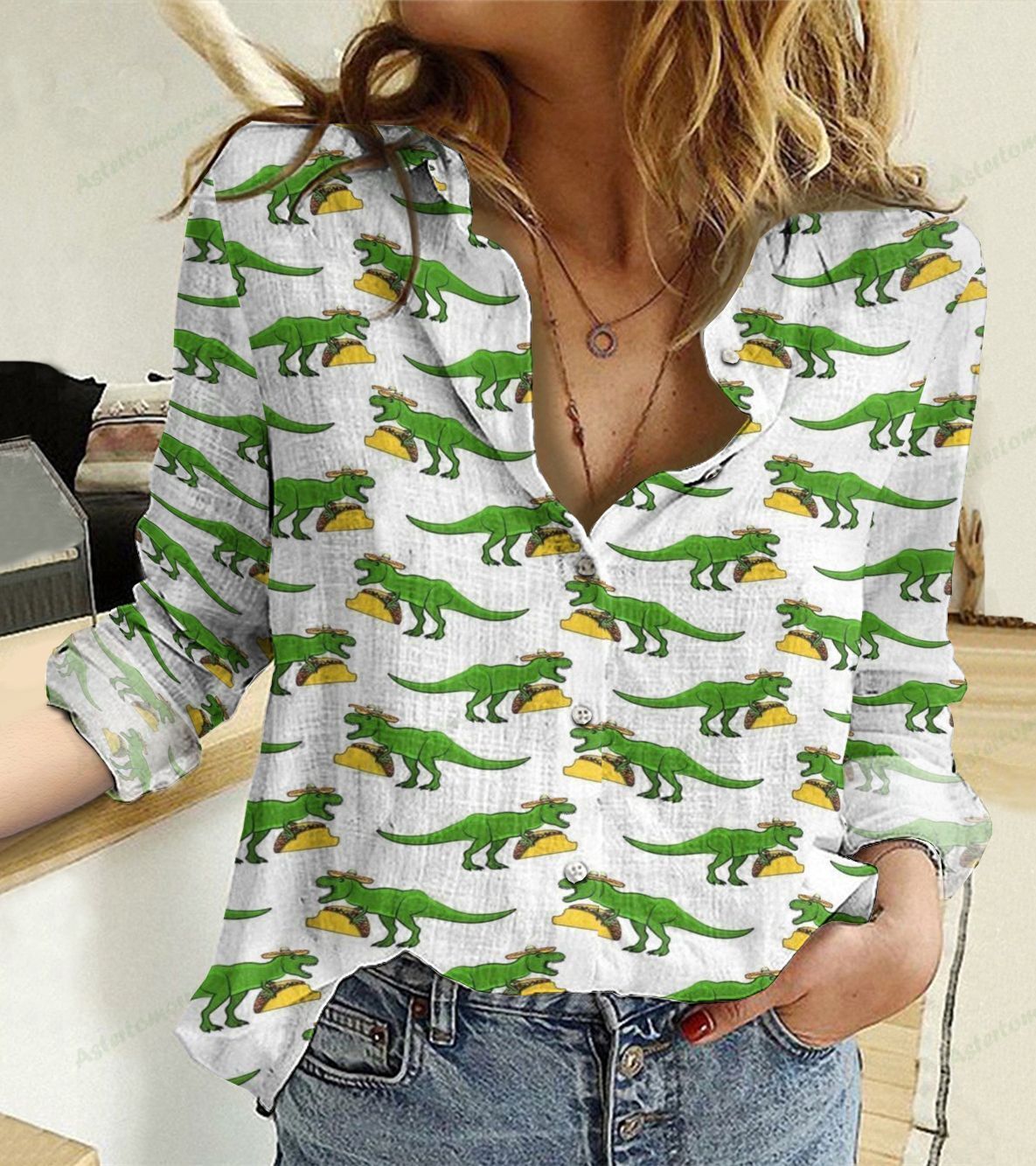 Baby Dinosaur Cotton And Linen Casual Shirt, Eating Tacos Dinosaurs Linen Shirt