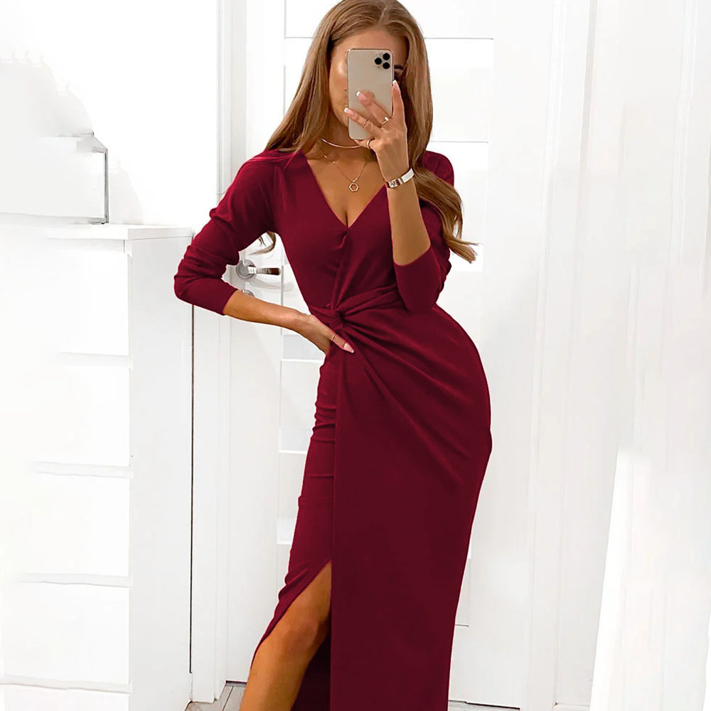 Women Summer Elegant Maxi Dress 2021 Emerald Green Mermaid Prom Dresses V- Neck Side Slit Long Sleeves Beach Party Fashion Robes alx