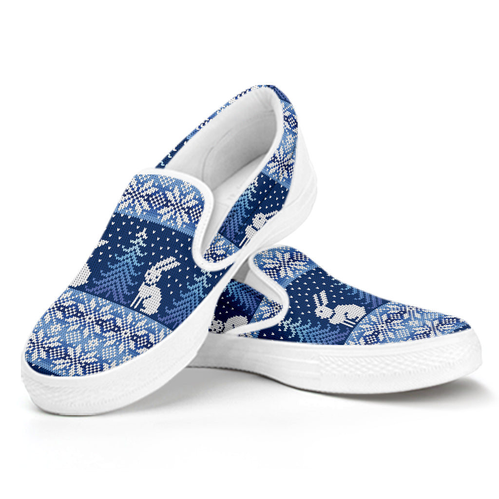 Snow Rabbit Knitted Pattern Print White Slip On Shoes