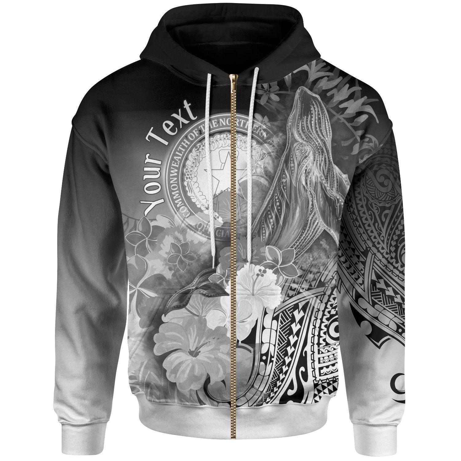 Cnmi Custom Personalised  Zip-Up Hoodie – Humpback Whale With Tropical Flowers (White)