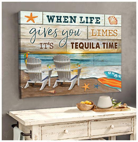 Beach House Decor When Life Give You Limes Its Tequila Time Canvas Wall Art For Coastal Style Home Decor