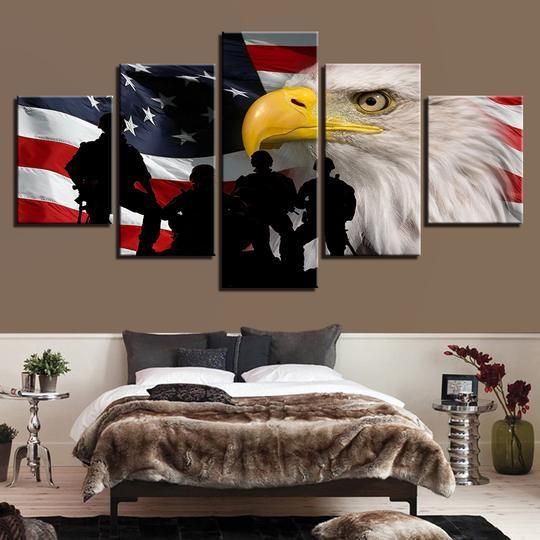 American Flag With Bald Eagle And Soldiers Animal 5 Panel Canvas Art Wall Decor