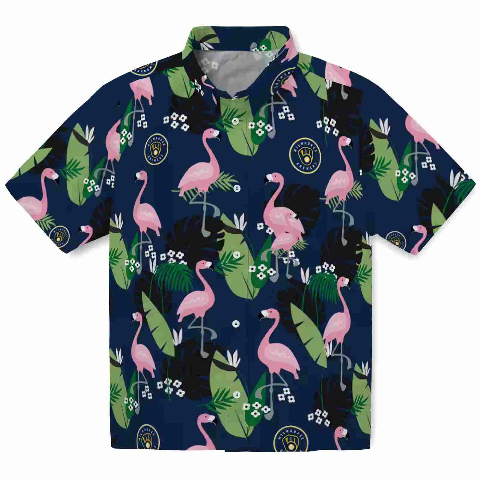 Milwaukee Brewers Flamingo Leaf Motif Navy Blue Hawaiian Shirt