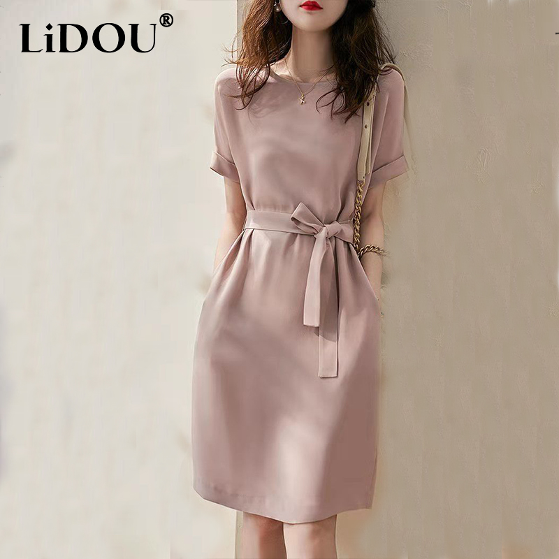 2022 Summer New Korean Style Elegant Fashion Solid Color Dress Women O Neck Aesthetic Office Lady Chic Sweat Vestidos De Fiesta alx