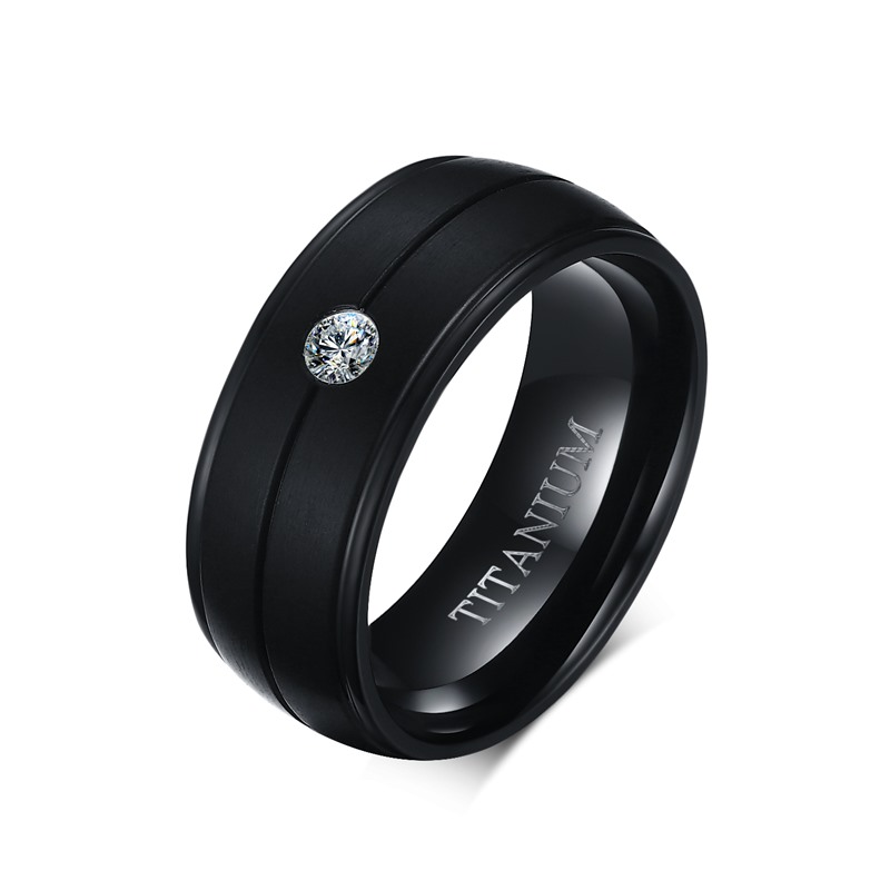 VNOX Men’s Punk Pure Titanium Black Ring 8mm Matte Wedding Bands with CZ Stone Titanium Rings Men Jewelry Wholesale alx