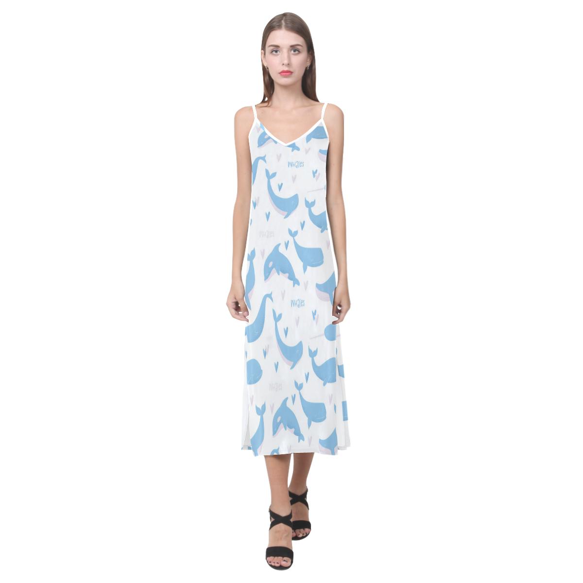 Blue whale pattern V-Neck Open Fork Long Dress