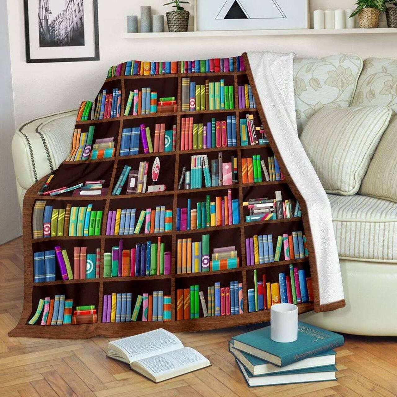 Bookshelf Colorful Many Of Books Fleece Blanket, Sherpa Blanket, Gift For Aunt Gift For Parent, Family Member, Friends Gift, Christmas Gift, Home Decor, Home Living