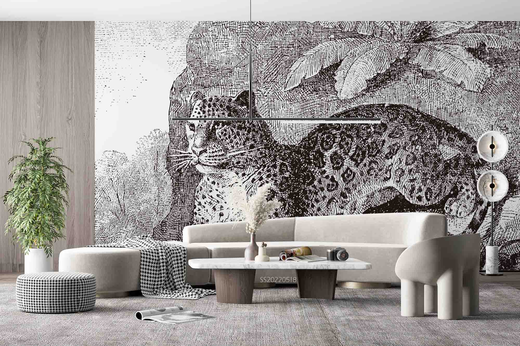 3D Sketch Leopard Rock Wall Mural Wallpaper Sww 53