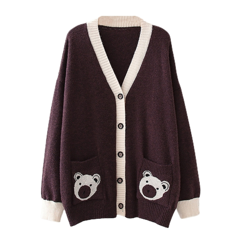 Women Varsity Sweater Button Up Knitted Cardigan Cute Bear Graphic Embroidery Top Long Sleeve Loose Knitted Sweaters alx