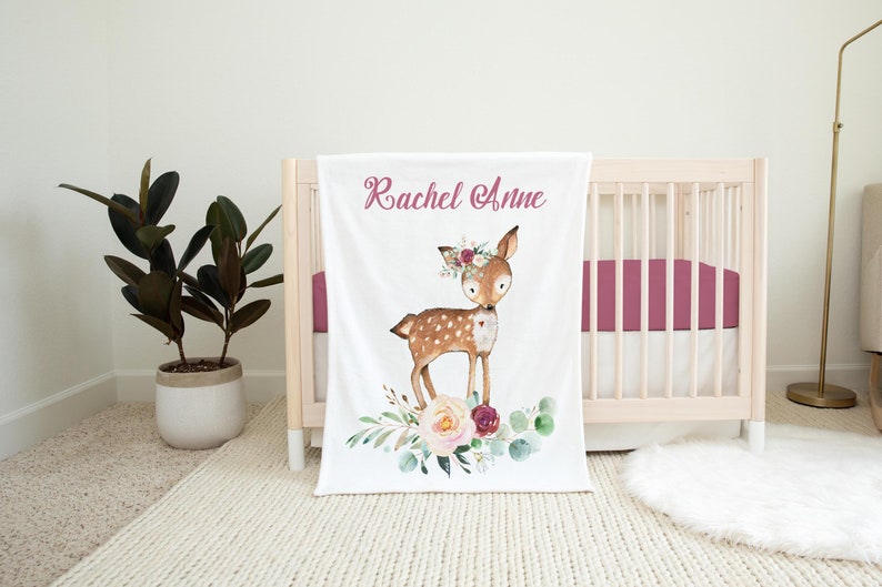 Woodland Deer Nursery Baby Blanket, Doe Deer Baby Blanket, New Baby Gift, Woodland Animal Baby Blanket, Eucalyptus Floral Blanket