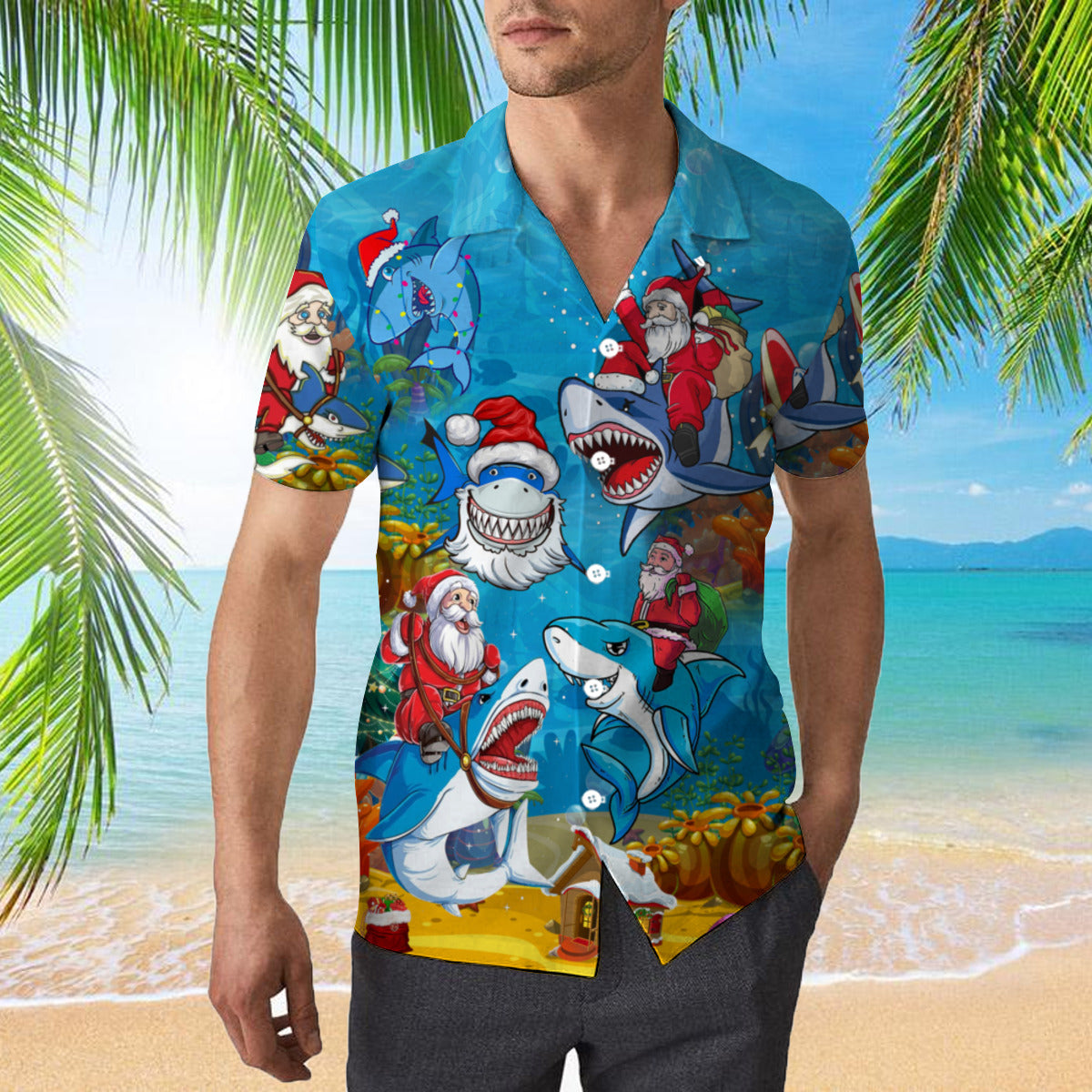 Christmas Santa Shark Santa Sled Brings Gifts To Ocean Funny Light Blue Hawaiian Shirt | Men & Women | Hw340