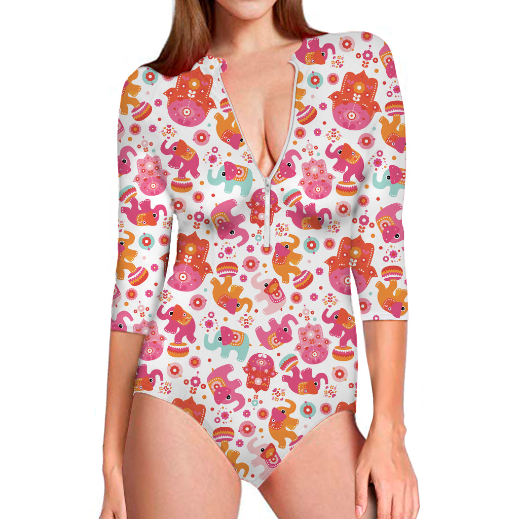 Girly Elephant And Hamsa Pattern Print Long Sleeve One Piece Swimsuit