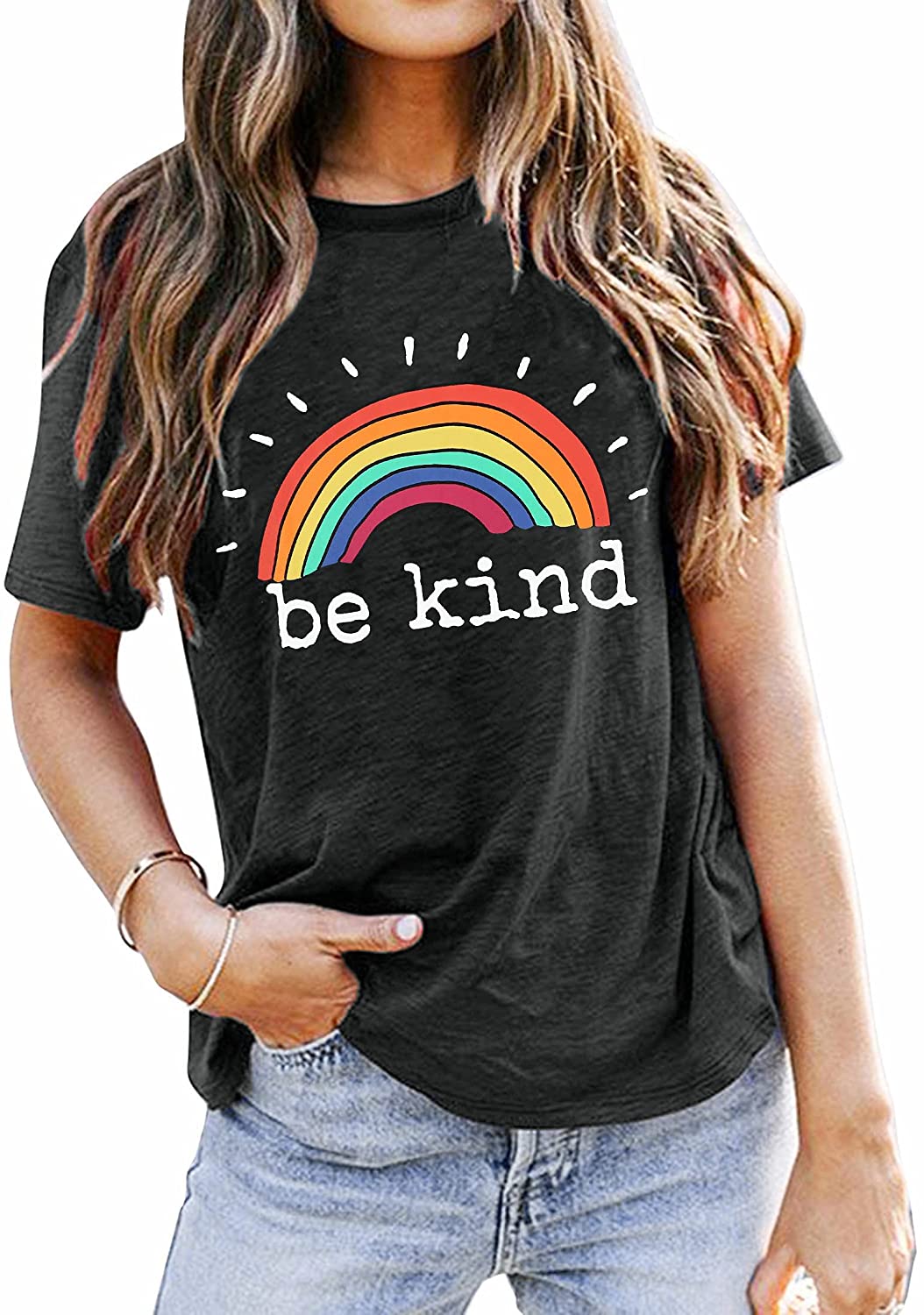 Be Kind T Shirt Women Rainbow Print Graphic Tees Tops Funny Inspirational Saying Casual Short Sleeve Tops Shirts, Pride Month Shirt, Lgbt Shirt