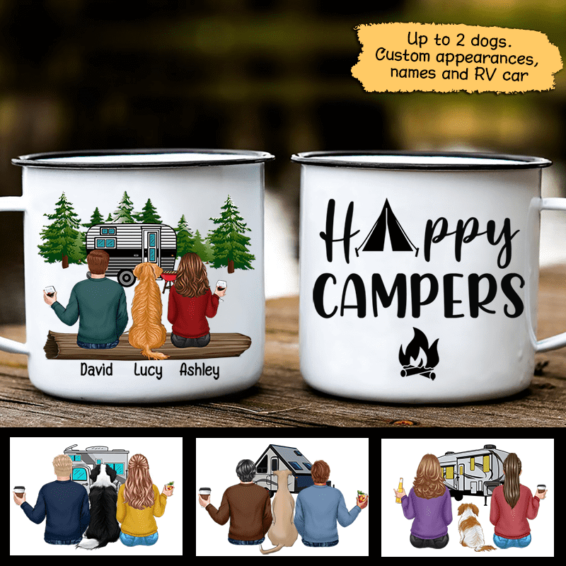 Camping Couple Sitting With Dogs Personalized Campfire Mug