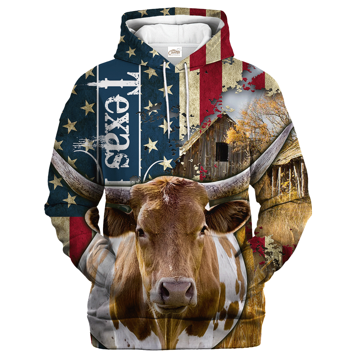 Texas Longhorn Farm With America Flag Hoodie