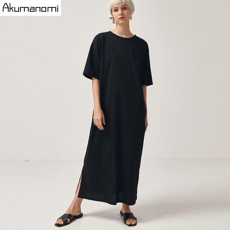 Black Cotton Long Dresses Ladies Plus Size Women Xxxl 4xl 5xl 6xl 7xl O-neck Short Sleeve Befree Maxi Casual Dress Cotton Tops alx