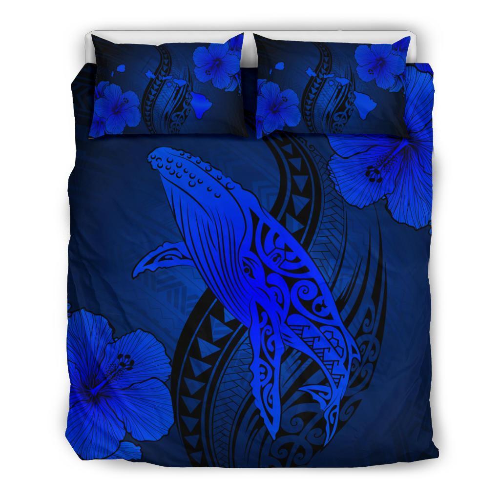 Hawaiian Map Whale Swim Hibiscus Polynesian Bedding Set – Blue