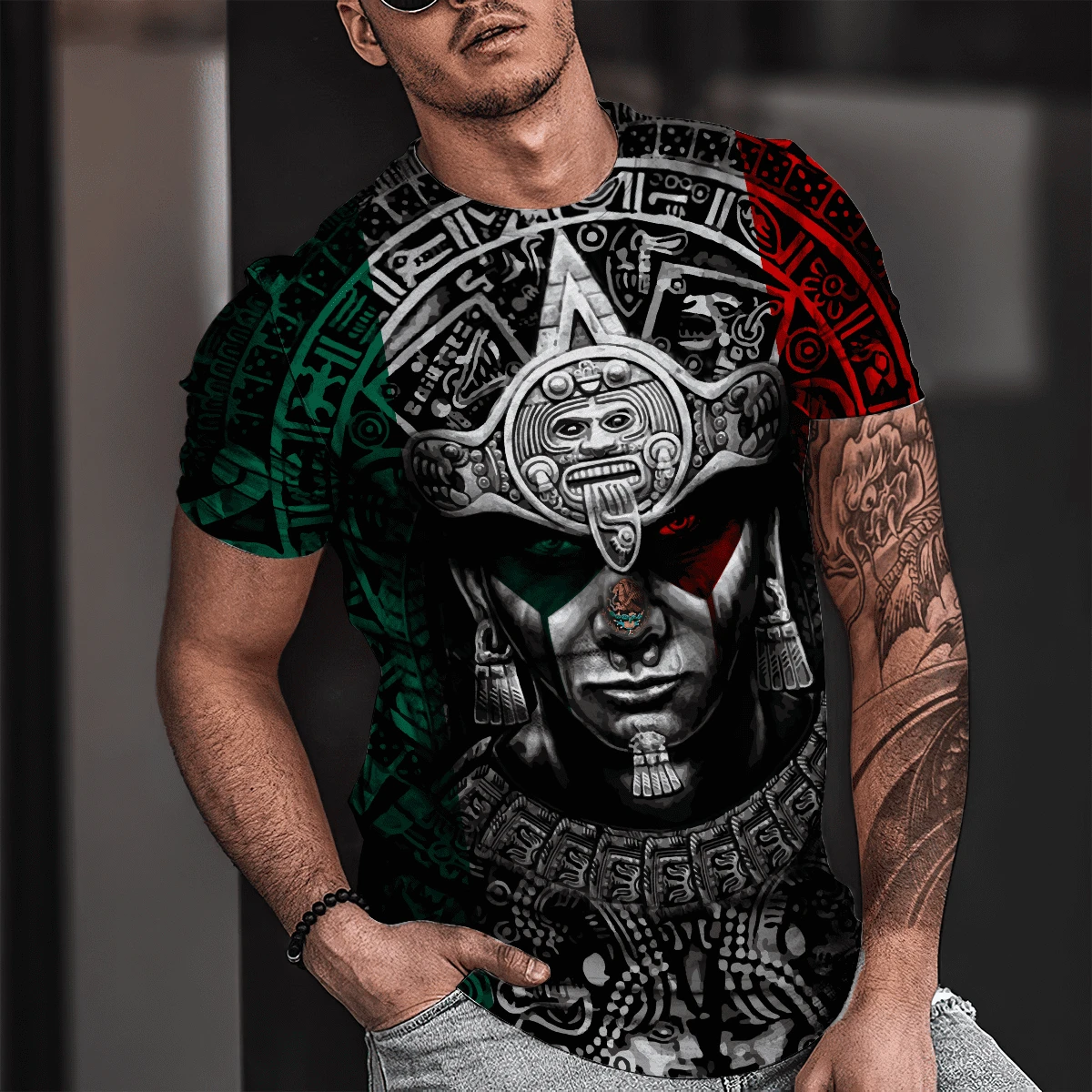 Aztec, Mexican Flag Color The Warrior Potrait 3D All Over Printed Unisex T-Shirt