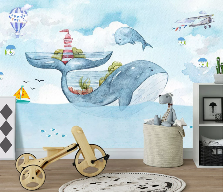 3D Blue Whale Cartoon Wall Mural Wallpaper 2074