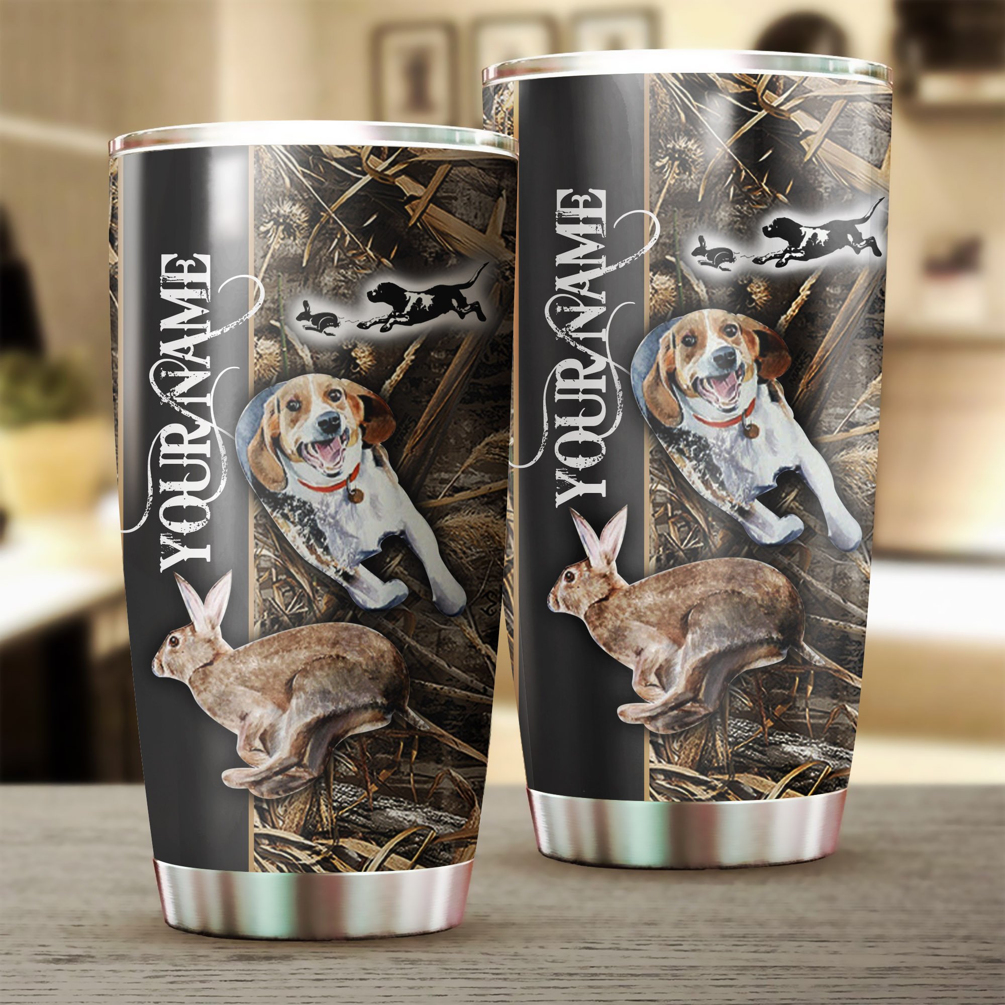 1pc Rabbit hunting dog Beagle chasing Rabbit custom name Stainless Steel Tumbler Cup Personalized Hunting gifts – FSD1045