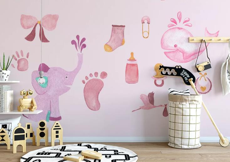 3D Hand Drawn Pink Dolphin Elephant Wall Mural Wallpaper Lqh 459