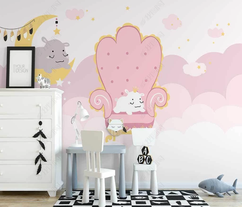 3D Hand Drawn Animal Dog Pink Cloud Wall Mural Wallpaper Lqh 15