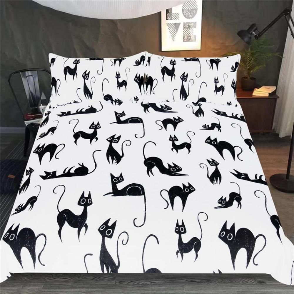 Cartoon Cat Black And White 3D Printed Bedding Set Bedroom Home Decor