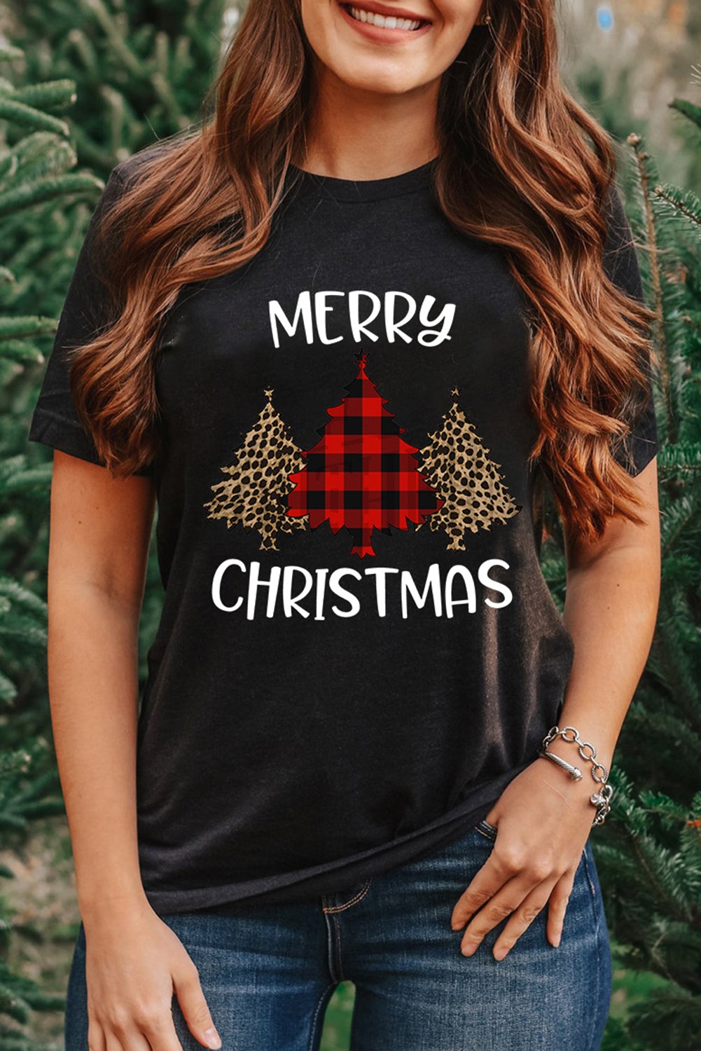 Azura Exchange Black Christmas Leopard Plaid Letter Print T Shirt