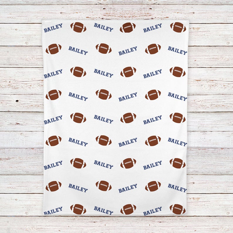 Blue And Brown Football Baby Blanket, Personalized Baby Blanket Gift, Toddler Blanket, Baby Shower Gift