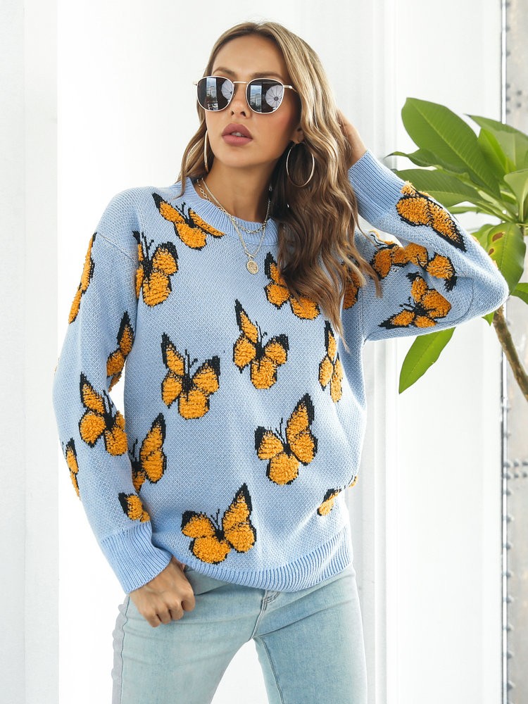 Y2k 3d Embroidery Butterfly Drop Shoulder Sleeves Knitted Sweater Women Autumn Winter O-neck Pullovers Loose Casual Sweaters alx