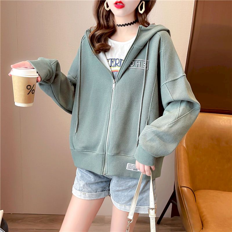 Waffle Short Hoodies Women Spring Autumn Trendy Thin Cardigan Hoodie Korean Style Loose Chic Sports Hooded Coats Casual Jackets alx