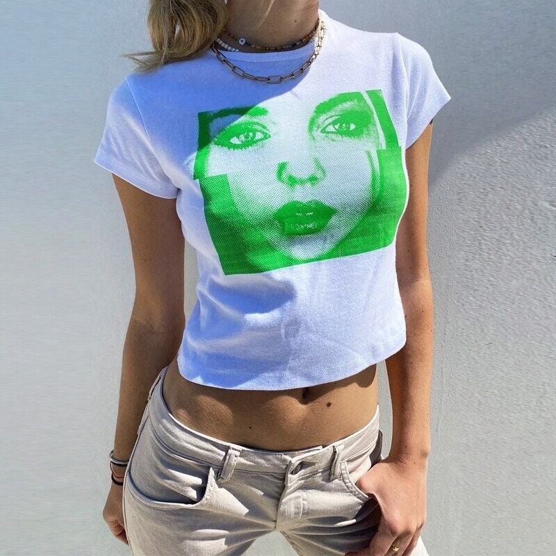 Face Print White Crop Tee, Summer Y2K Streetwear 2000s Vintage Korean Style Kawaii Fashion Green Tees Cute Crop Top Graphic Printed T-shirts