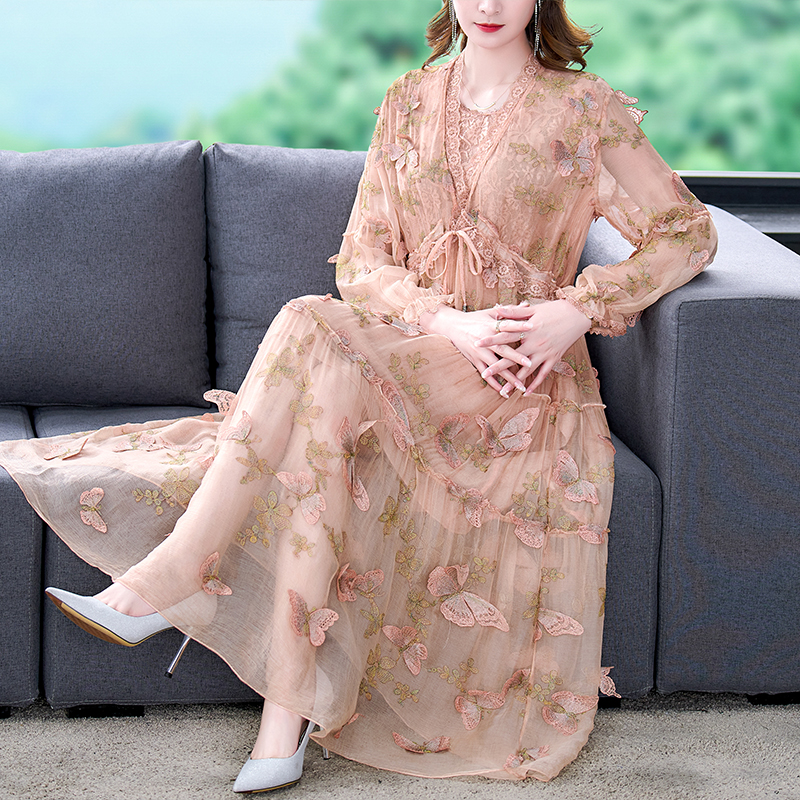 2022 New Spring Summer Women Mulberry Silk Dresses Vintage Mesh Floral Embroidery Dress Elegant A-Line Bodycon Party Vestidos alx