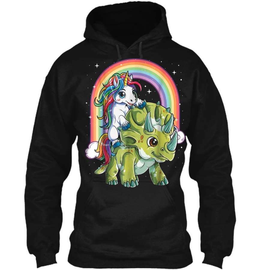 Unicorn Riding Dinosaur Triceratops Party Rainbow Pullover Hoodie 8 oz