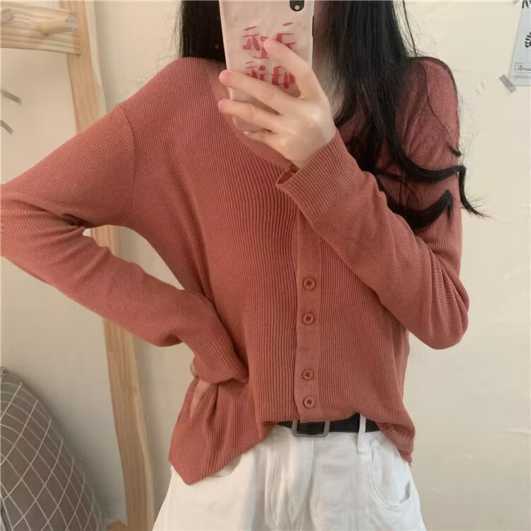 VmewSher New Thin Plain Women Spring Sweater Cardigan Knitted Coat Long Sleeve Single Breasted Korea V Neck Casual All-match Top alx