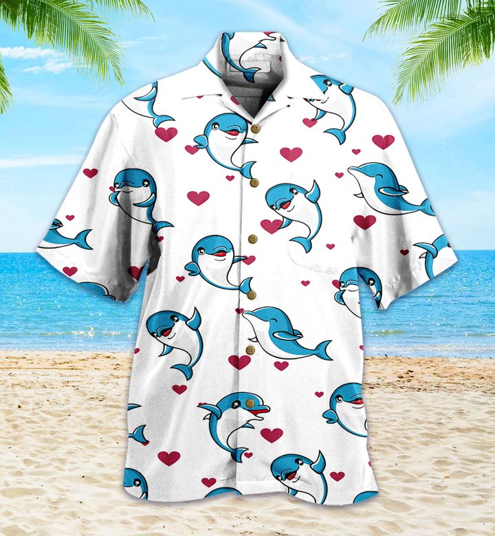 Baby Dolphin Love Heart White Hawaiian Shirt 3D