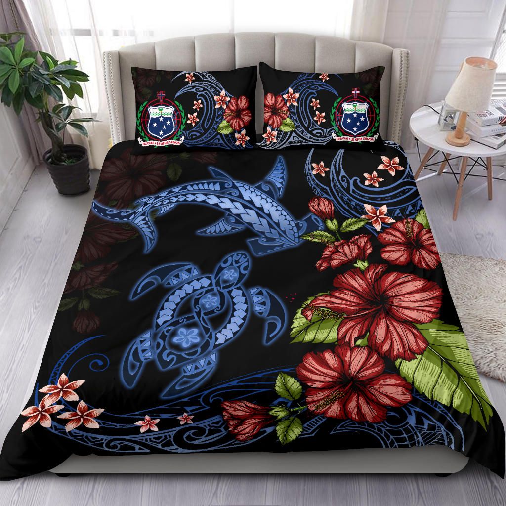 Alohawaii Bedding Set – Cover And Pillow Cases Samoa Turtle And Shark Polynesian Hibiscus Th5