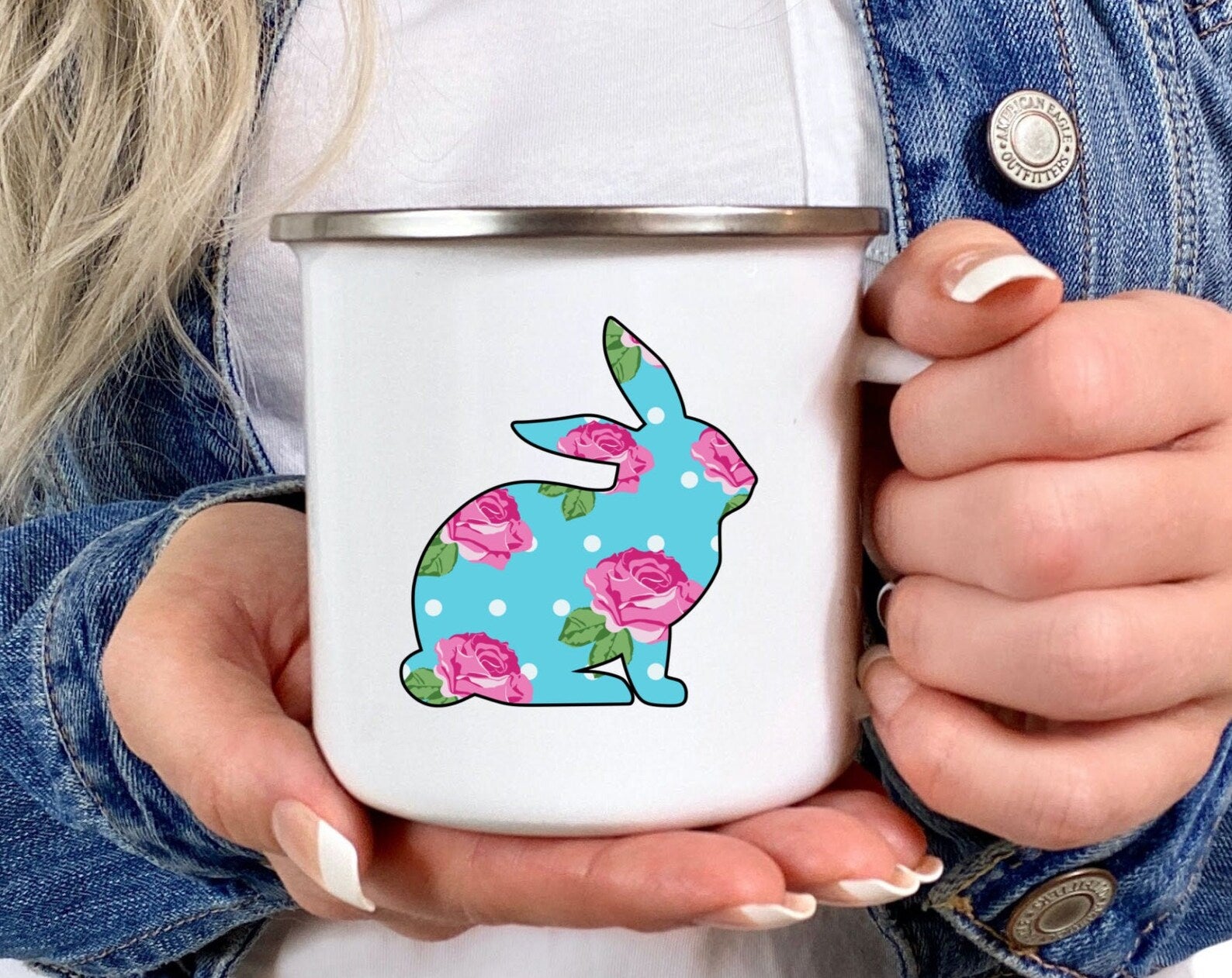 Shabby Chic Easter Bunny Easter Camping Easter Bunny Flower Enamel Gift For Her Gift For Him Mom Life12 Oz Campfire Mug