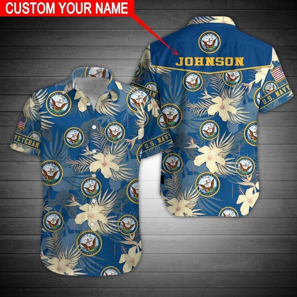 Order Custom Name Us Navy Hibiscus Blue Hawaii Aloha Shirts Ha12813