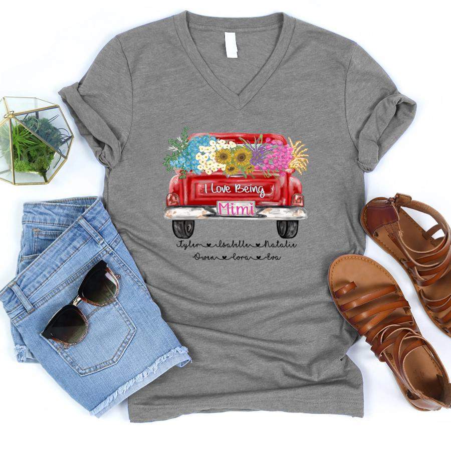 I Love Being Mimi Truck Flowers | Personalized V-neck shirt