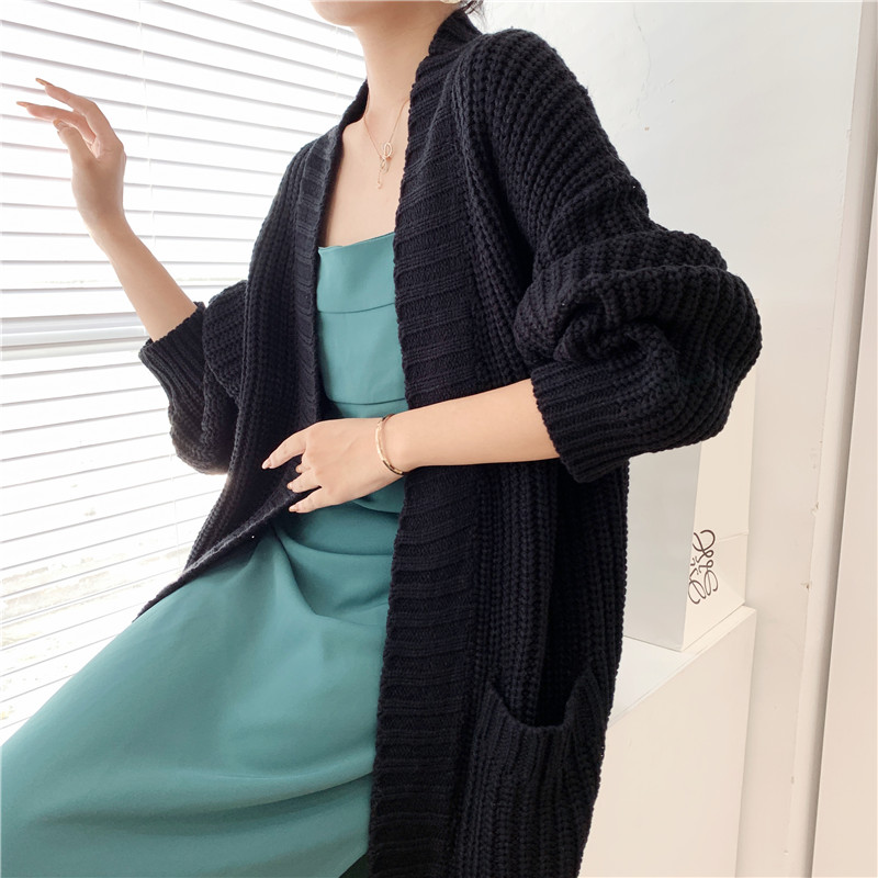 [ZAYAU]New Versatile Casual Sweater Coat Design Loose Knit Cardigan Medium Length women’s Pocket over the Knee alx