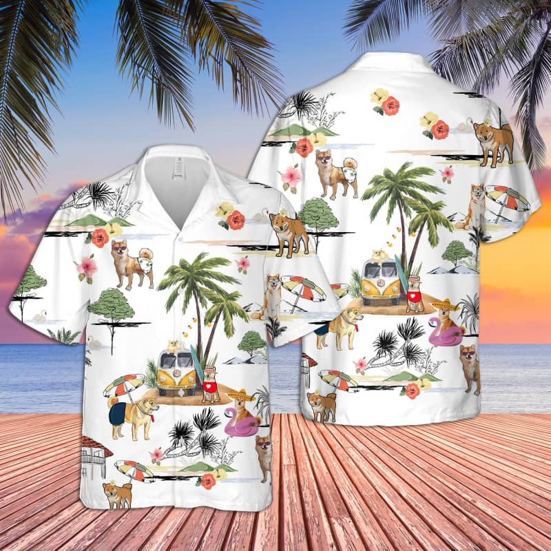 Unisex Shiba Inu Beach Hawaii Print Aloha Short Sleeve Casual Shirt Ha73026