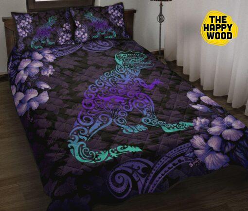 Dinosaurs Tribal Flower Purple Style Quilt Bed Set And Pillow Covers