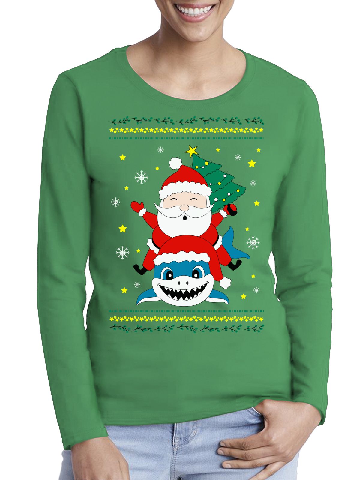 Styles Xmas Santa Shark Ugly Christmas Sweater Long Sleeve T-Shirt For Women