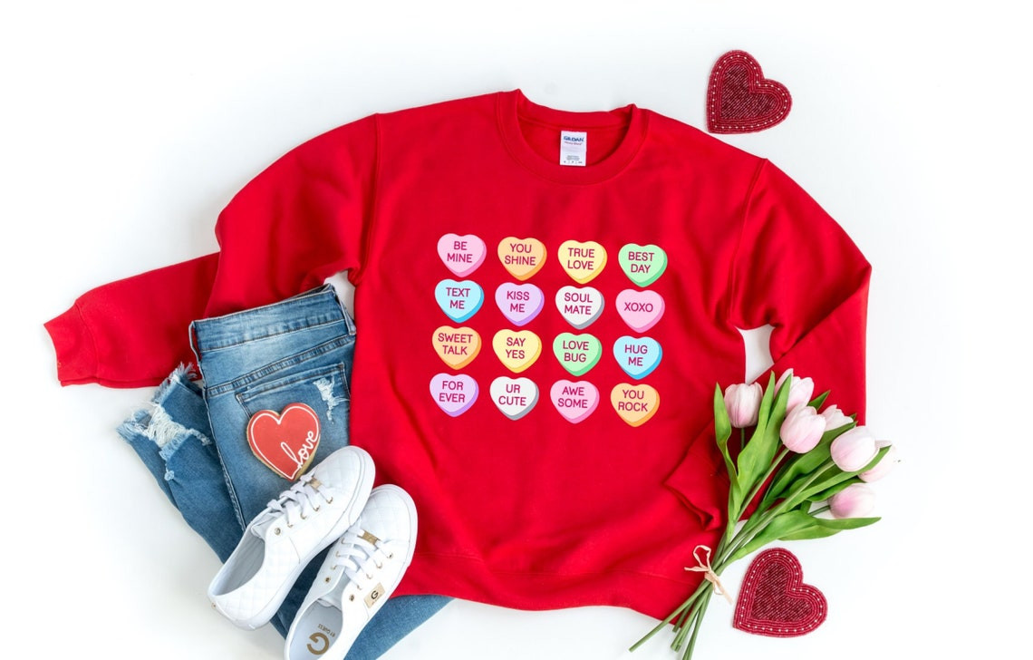 Candy Heart Sweatshirt For Him, Her, Boyfriend, Girlfriend, Wife, Husband Valentines Day Gift