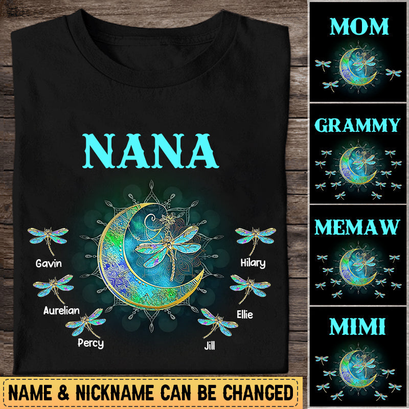 Personalized Grandma Mom Kids Dragonfly Moon T-Shirt, Perfect Shirt For Mimi Grandma Mom In Mother’S Day