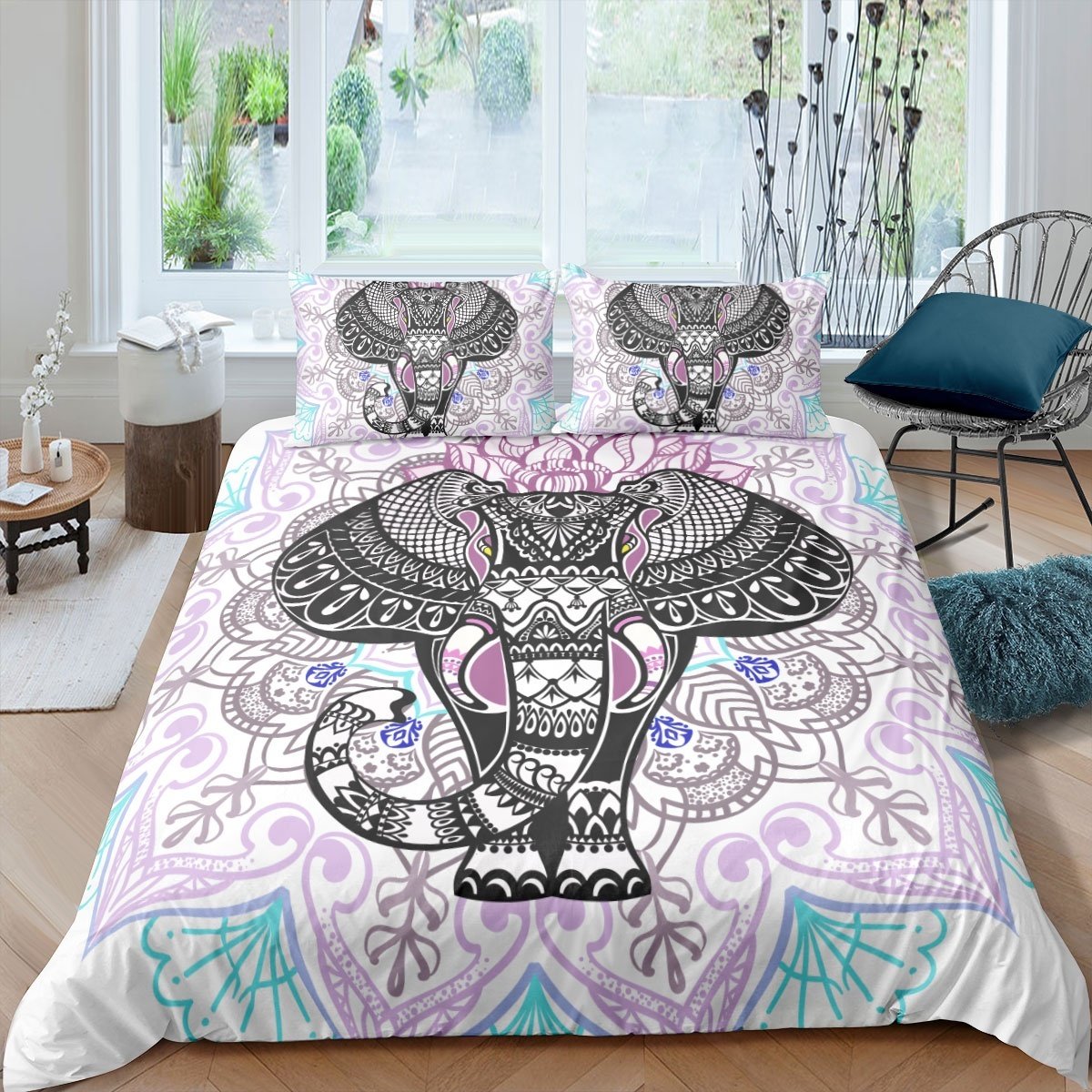 Boho Elephant Duvet Cover Set for Kids Woman Adults Hippie Mandala Print Bedding Set Bohemian Style Comforter Cover Indian Exotic Quilt Cover,Room Decor 2/3Pcs Bedding